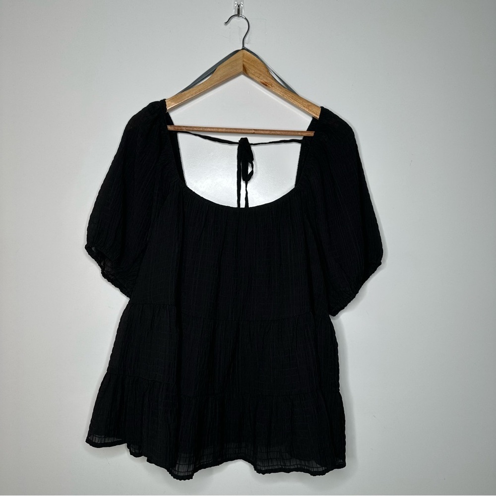 ARULA Black Peasant Boho Blouse with Tie Back